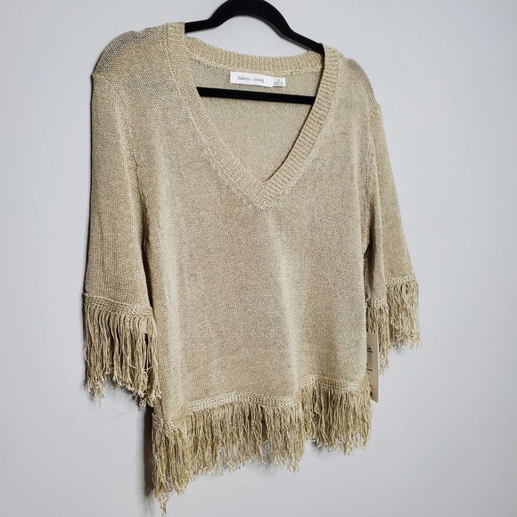 BISHOP + YOUNG • Oatmeal Beige V-neck Knit Fringe Sweater NEW Sz Medium - Picture 3 of 8